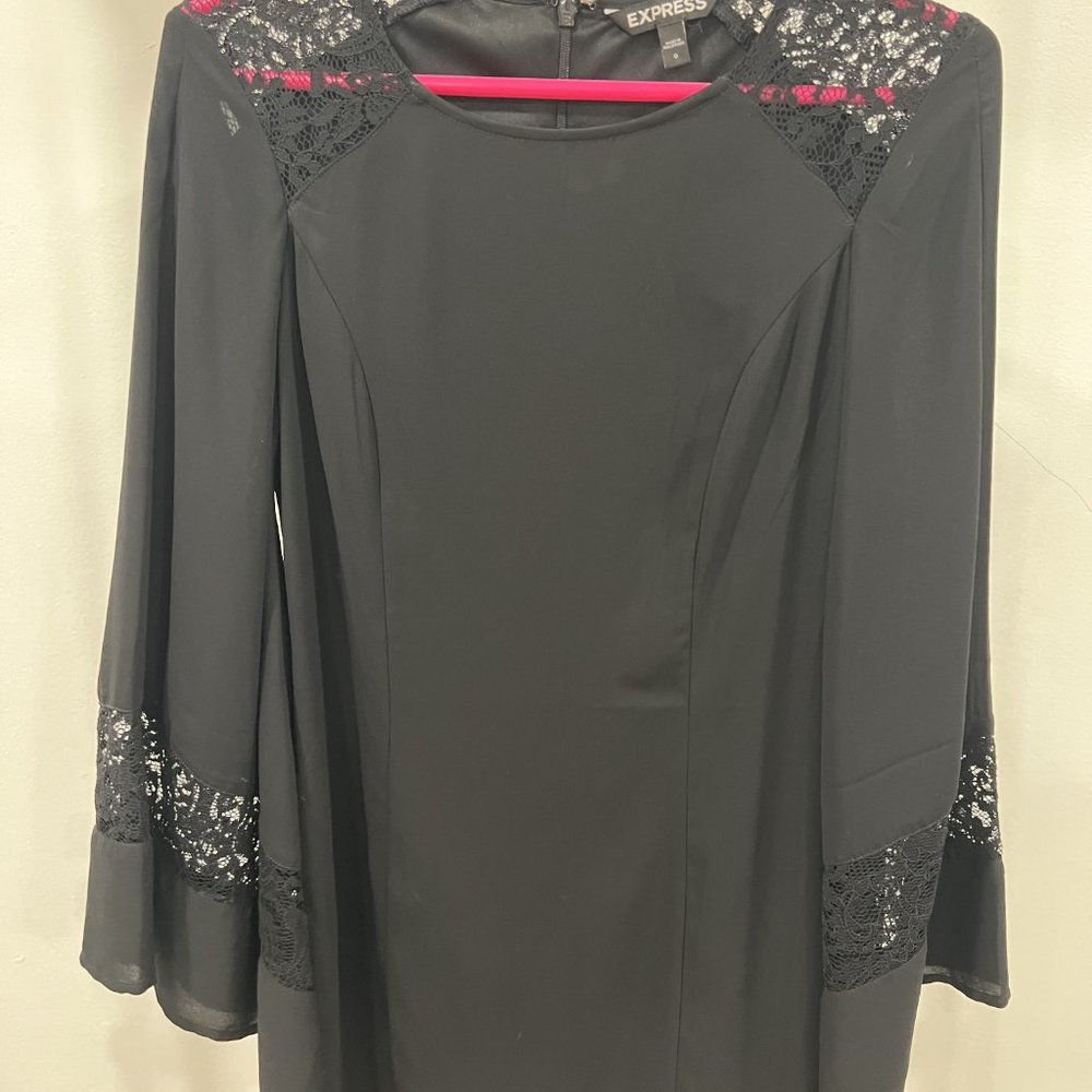 Express women's black dress, crochet lace trim, mini dress, size 0
